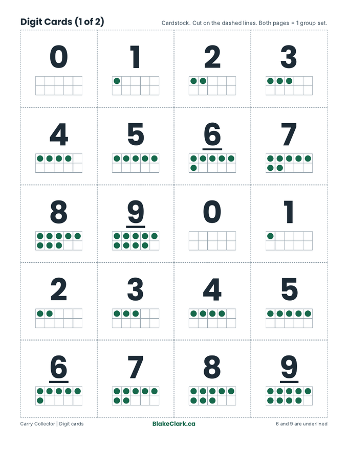 Digit cards 0 to 9 with ten-frame dots