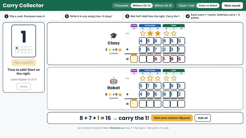Carry Collector projector game with a class mat and a robot mat