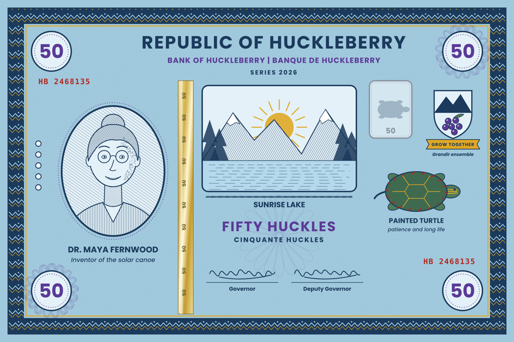 Original exemplar banknote for the invented Republic of Huckleberry