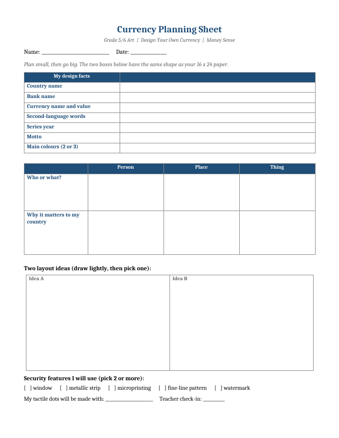 Currency planning sheet handout