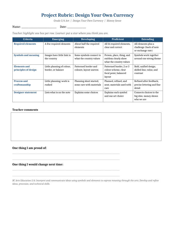 Design Your Own Currency project rubric