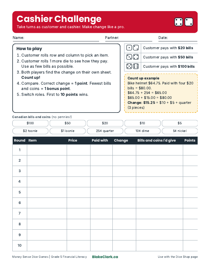 Cashier Challenge making change game sheet