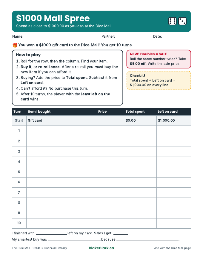 1000 dollar Mall Spree game sheet