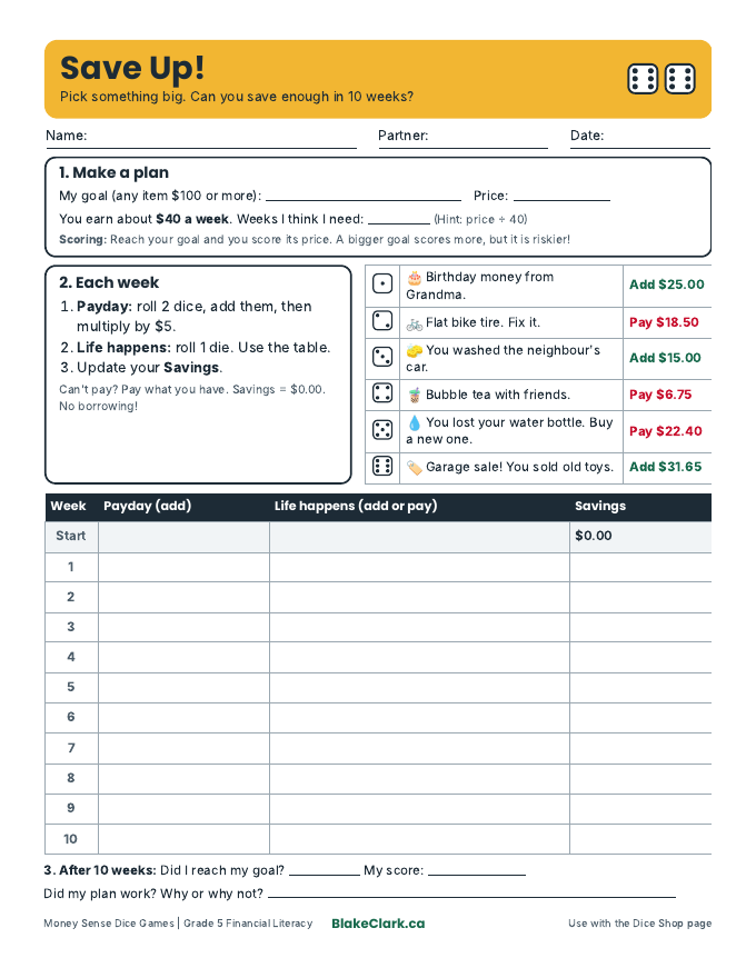 Save Up savings goal game sheet