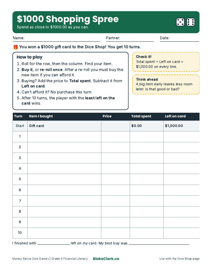1000 dollar Shopping Spree game sheet