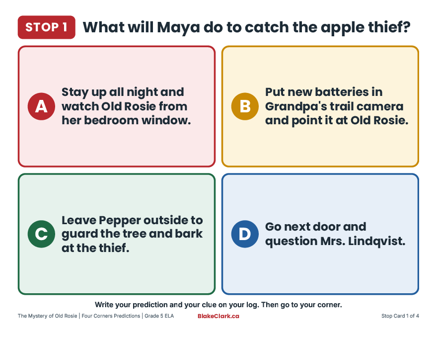 Stop Card 1 with four colour-coded prediction options