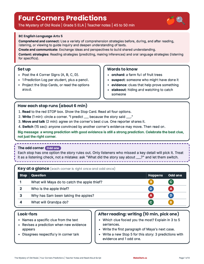 Teacher notes page for the Four Corners Predictions activity
